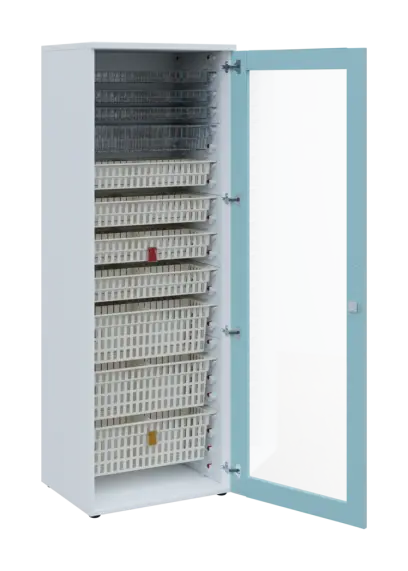 EUROMEDICA S - 66 skříň léková boxová, 1-dveřová/prosklená, pravá, 1950x660x535, korpus bílý, dvířka obloha